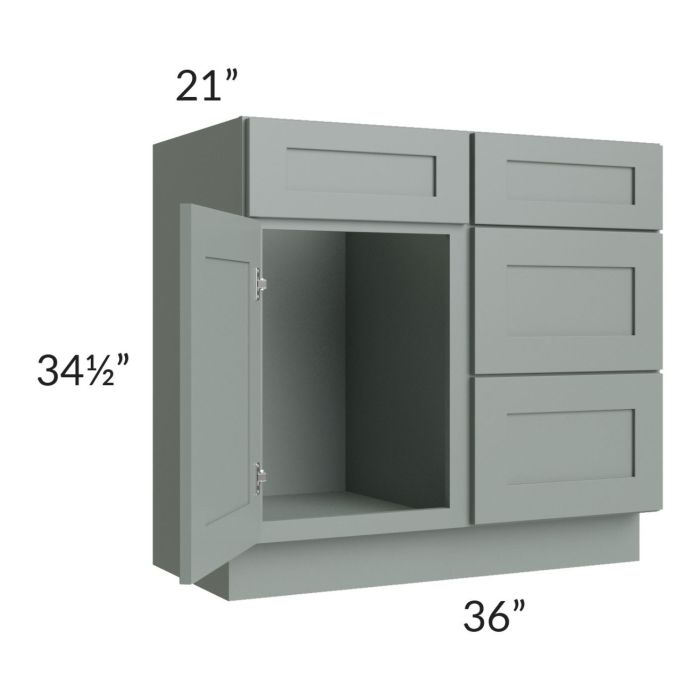 Woodland Green Shaker 36" Vanity Sink Base Cabinet (Drawers on Right) 