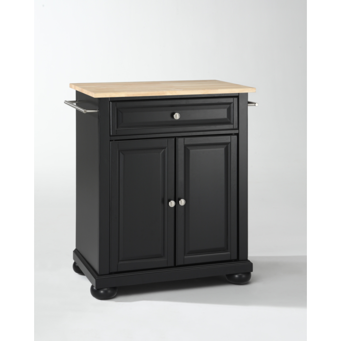 Alexandria Natural Wood Top Portable Kitchen Island in Black Finish