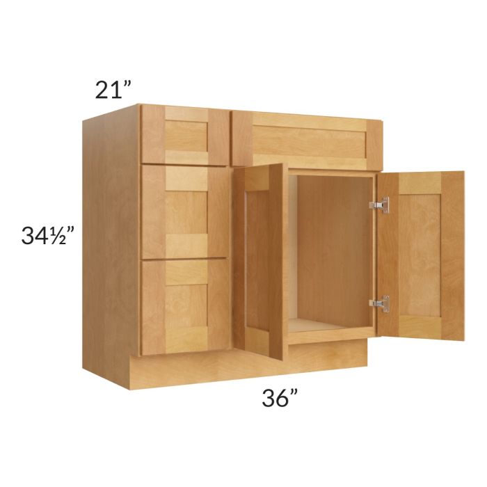 Madison Honey Shaker 36" Vanity Base Cabinet (Drawers on Left)