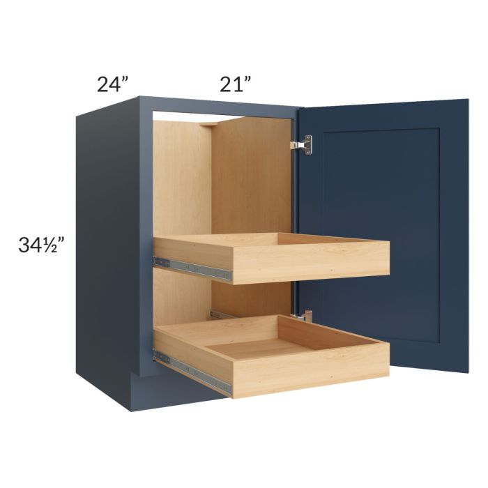 Madison Navy Shaker 21" Full Height Door Base Cabinet with 2 Rollout Trays