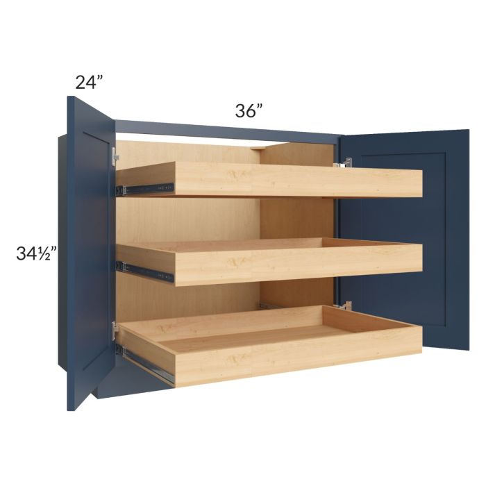 Madison Navy Shaker 36" Full Height Base Cabinet with 3 Rollout Trays
