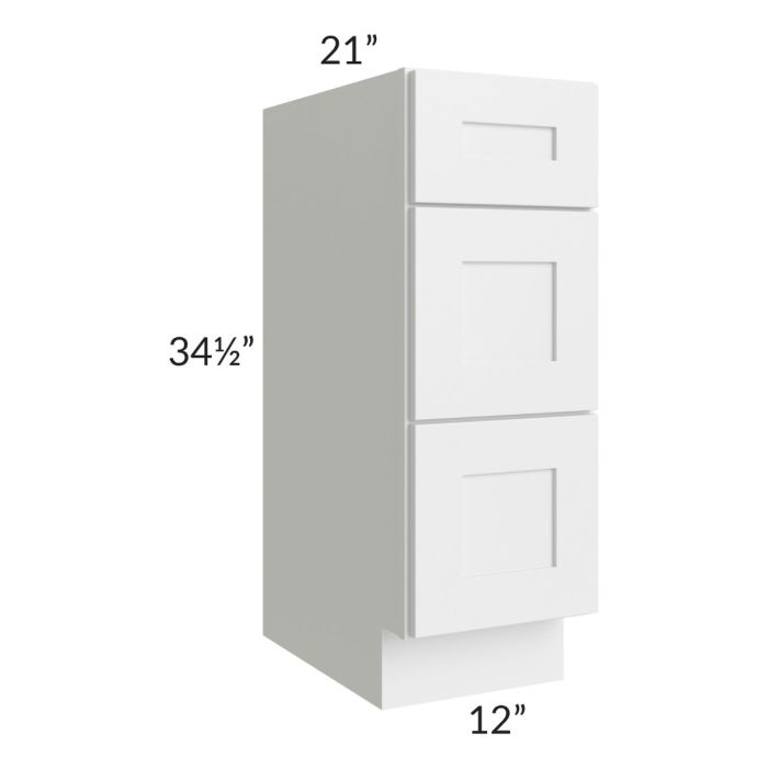 Brighton White Shaker 12" Vanity 3-Drawer Base Cabinet