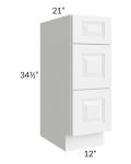 Pearl White 12" Vanity Three Drawer Base Cabinet