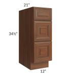 Cambridge Saddle Glaze 12" 3-Drawer Vanity Base Cabinet 