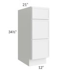 Metro White 12" 3-Drawer Vanity Base Cabinet