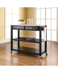 Natural Wood Top Kitchen Cart/Island With Optional Stool Storage in Black Finish