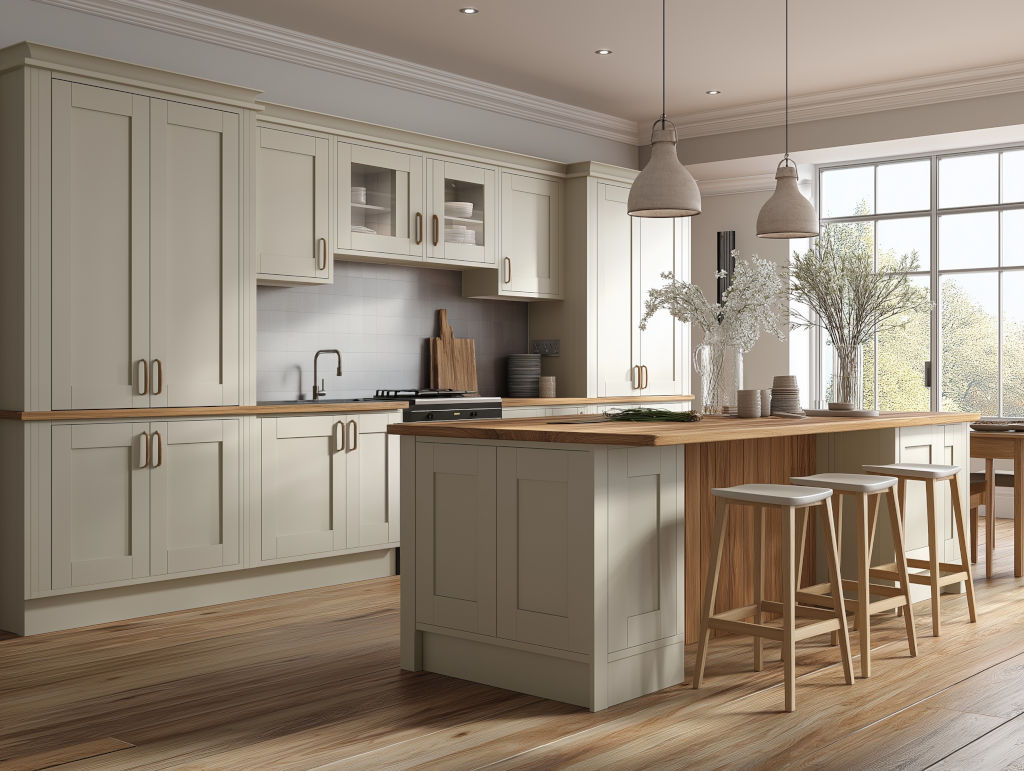 Discover a sleek, contemporary kitchen featuring a central island, bar stools, and ample storage. Perfect for modern living spaces.