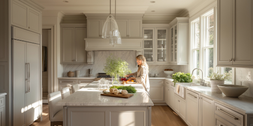 Discover a sleek, contemporary kitchen featuring white cabinets, a large island, and ample natural light. Perfect for modern living.